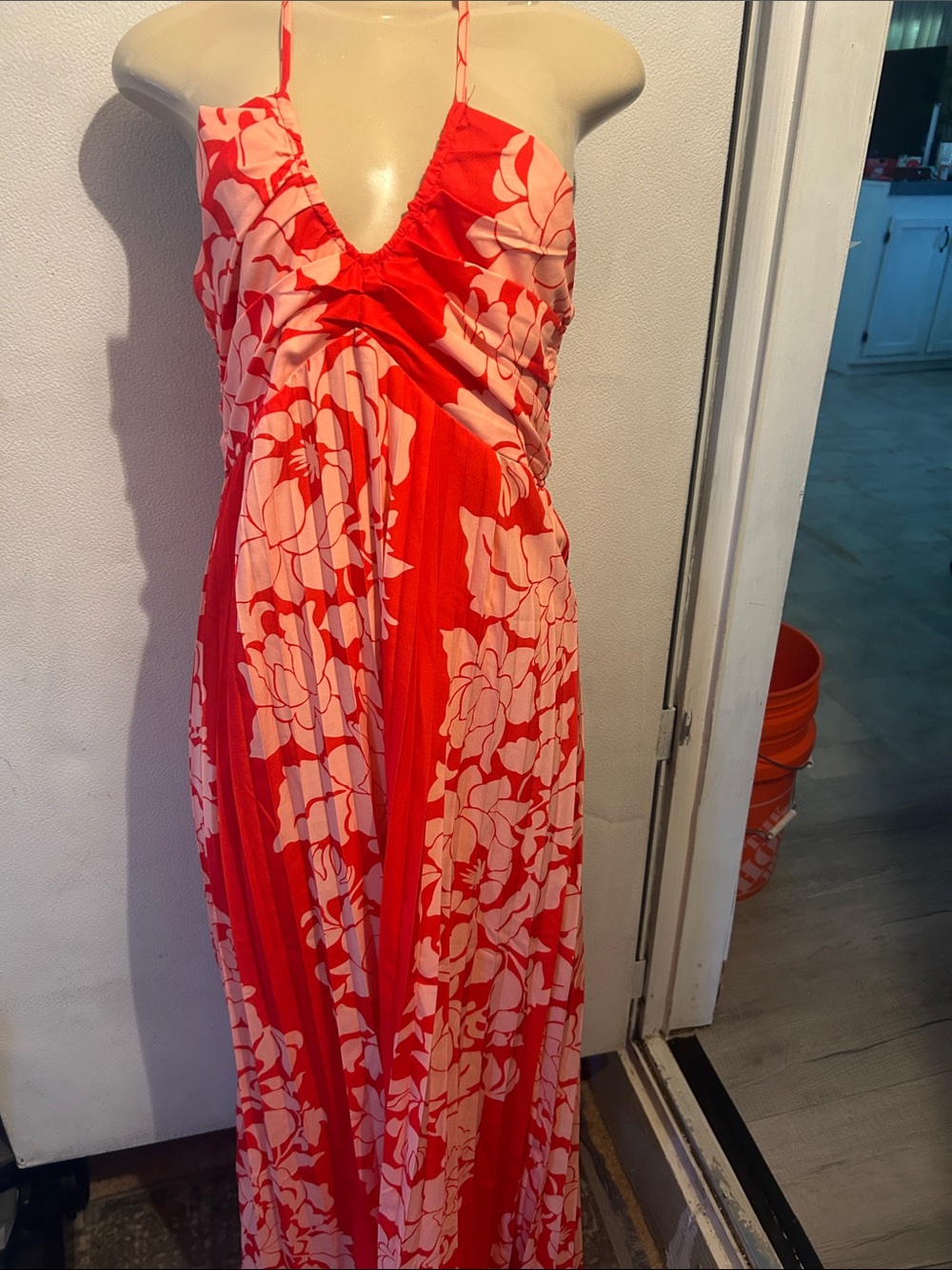 Red and Pink Floral Maxi Dress with V-Neck
